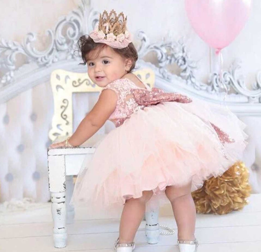 Baby Girls Pink Lace Bodice with Tutu Skirt Dress and a Gold Sequin Be