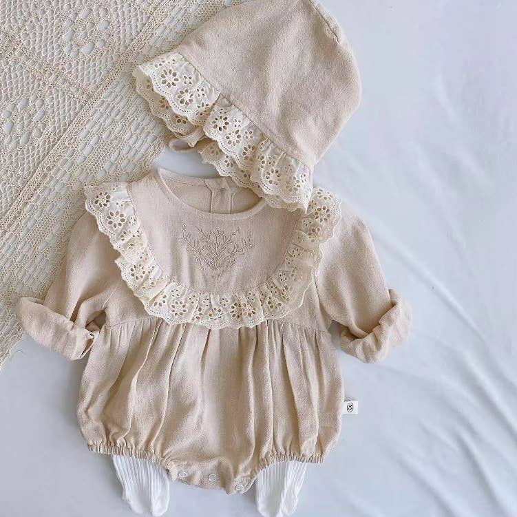 $17.50 EA - 3-6M X 2, 6-12M X 2, 12-24M X 2  - Baby Girl Embroidered Lace Collar Long-Sleeved Romper- Latte