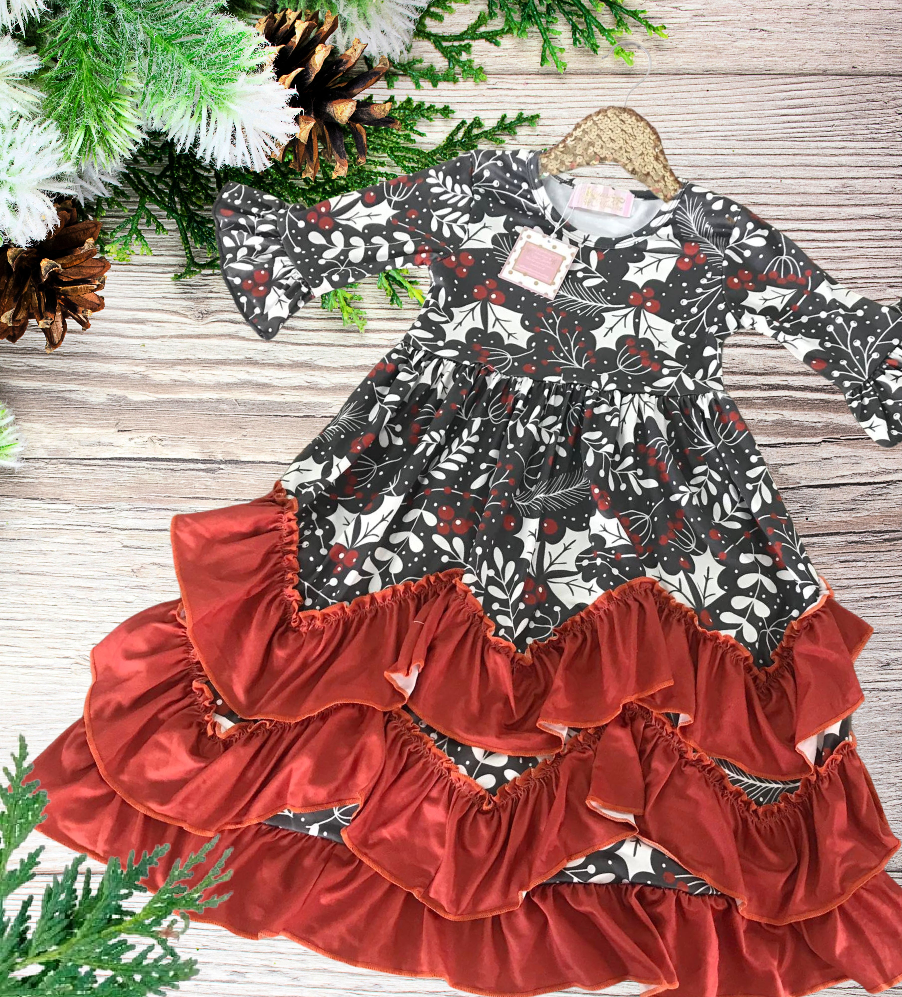 Ruffles Bowties Bowtique Best Seller Girls Long Ruffle Holiday Christmas Dresses Grey Red Holly Berry 5 6