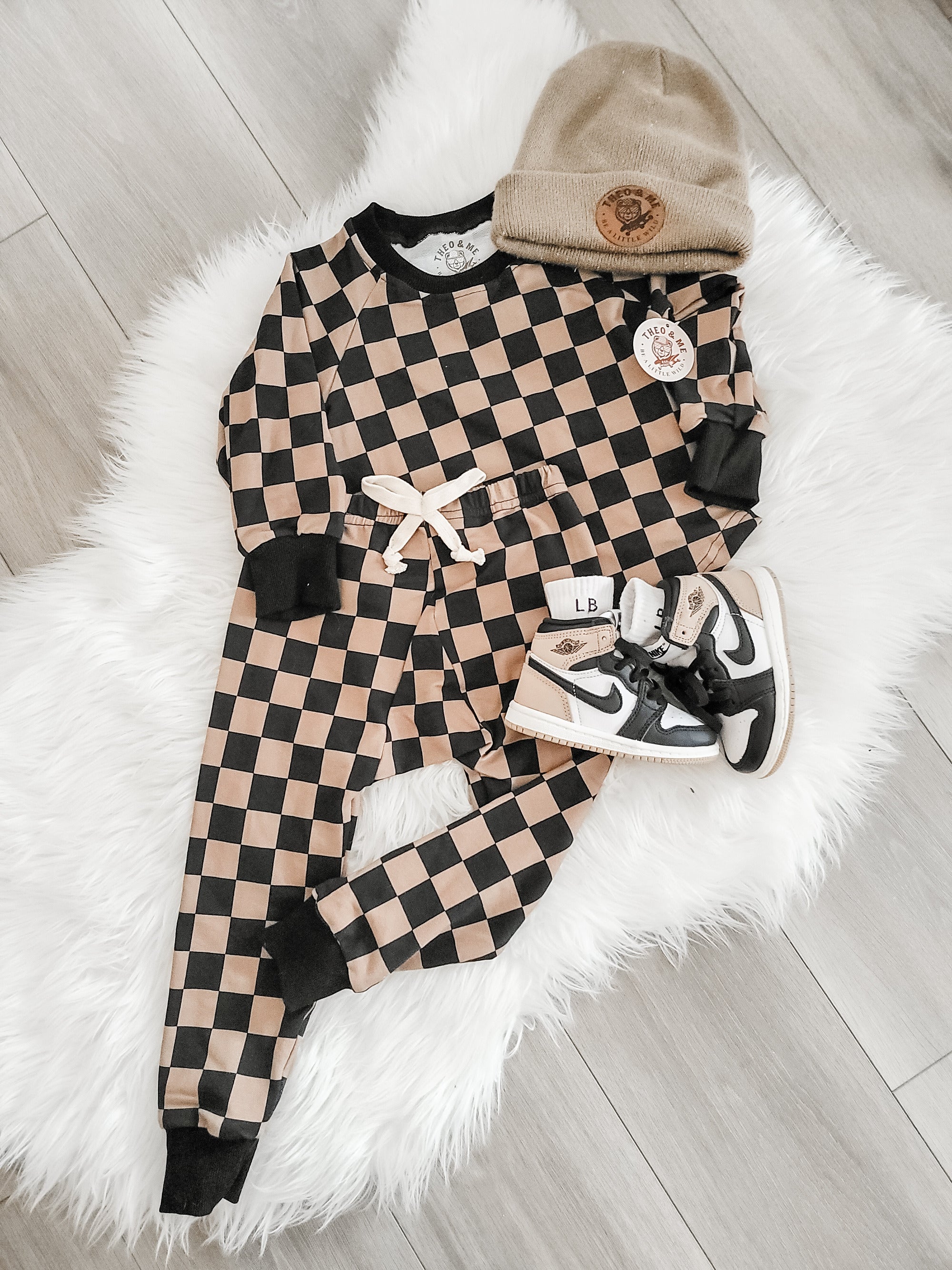 Unisex Toddler Kids 2 Piece Jogger Set - Black & Brown Check