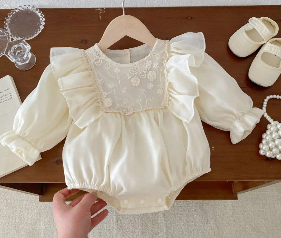 $17.50 EA - 3-6M X 2, 6-12M X 2, 12-24M x 2  - Baby Girl Romper - Ivory Lace Embroidered Bodice