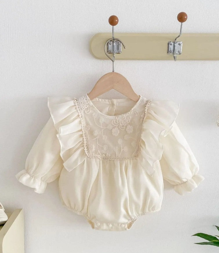 $17.50 EA - 3-6M X 2, 6-12M X 2, 12-24M x 2  - Baby Girl Romper - Ivory Lace Embroidered Bodice