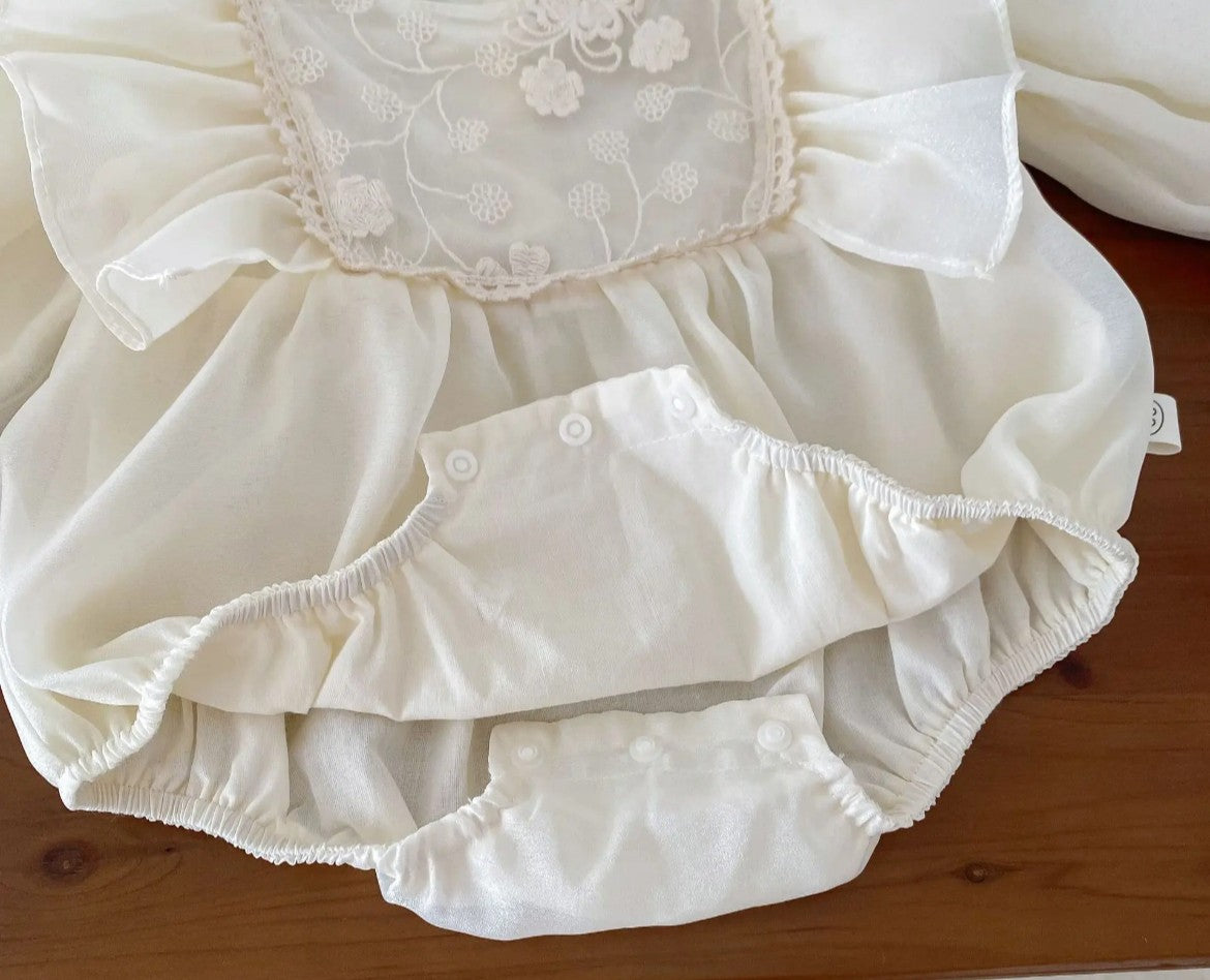 $17.50 EA - 3-6M X 2, 6-12M X 2, 12-24M x 2  - Baby Girl Romper - Ivory Lace Embroidered Bodice