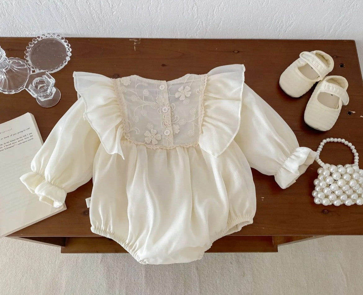 $17.50 EA - 3-6M X 2, 6-12M X 2, 12-24M x 2  - Baby Girl Romper - Ivory Lace Embroidered Bodice