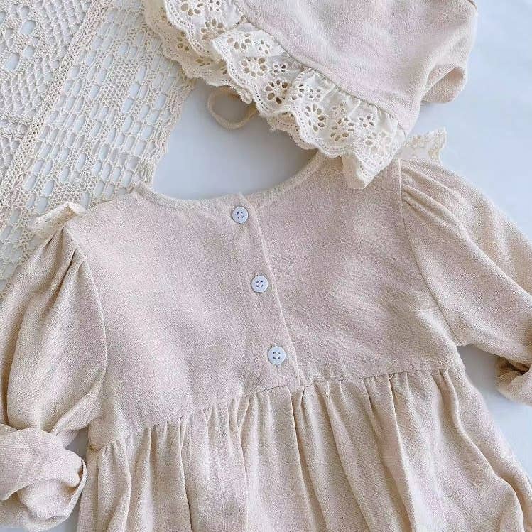 Baby Girl Embroidered Lace Collar Long-Sleeved Romper- Latte