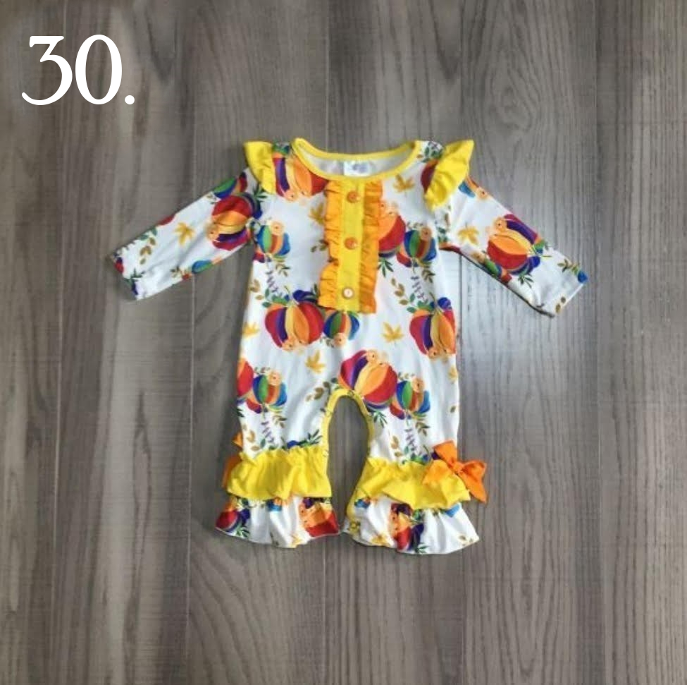 $5.00 - 3-6MX2, 6-12X1, 12-18MX1 - Halloween Rainbow Pumpkin Ruffle Jumpsuit