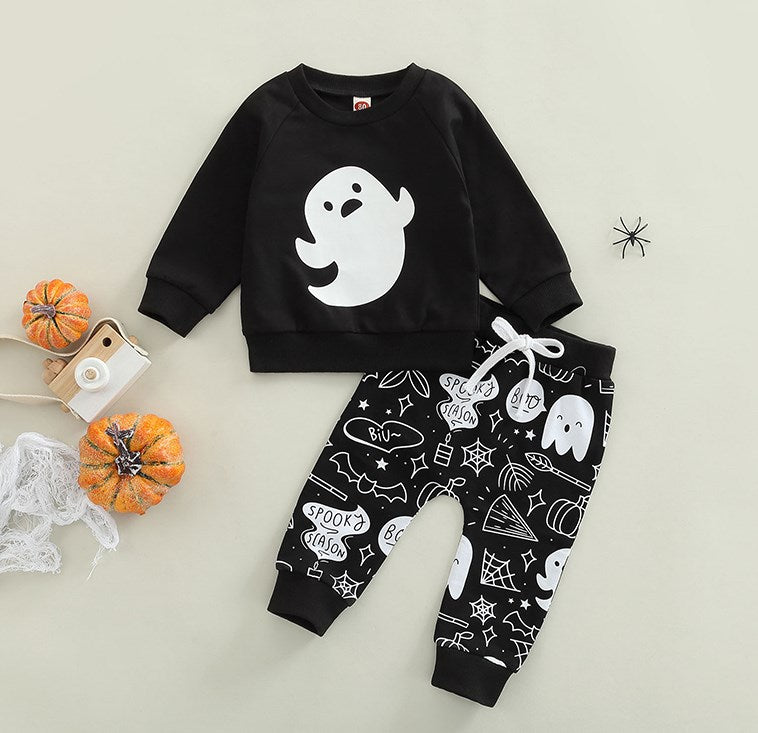 $5.00 - 6-12MX2 - Halloween Black Ghost Set with Printed Black Pants