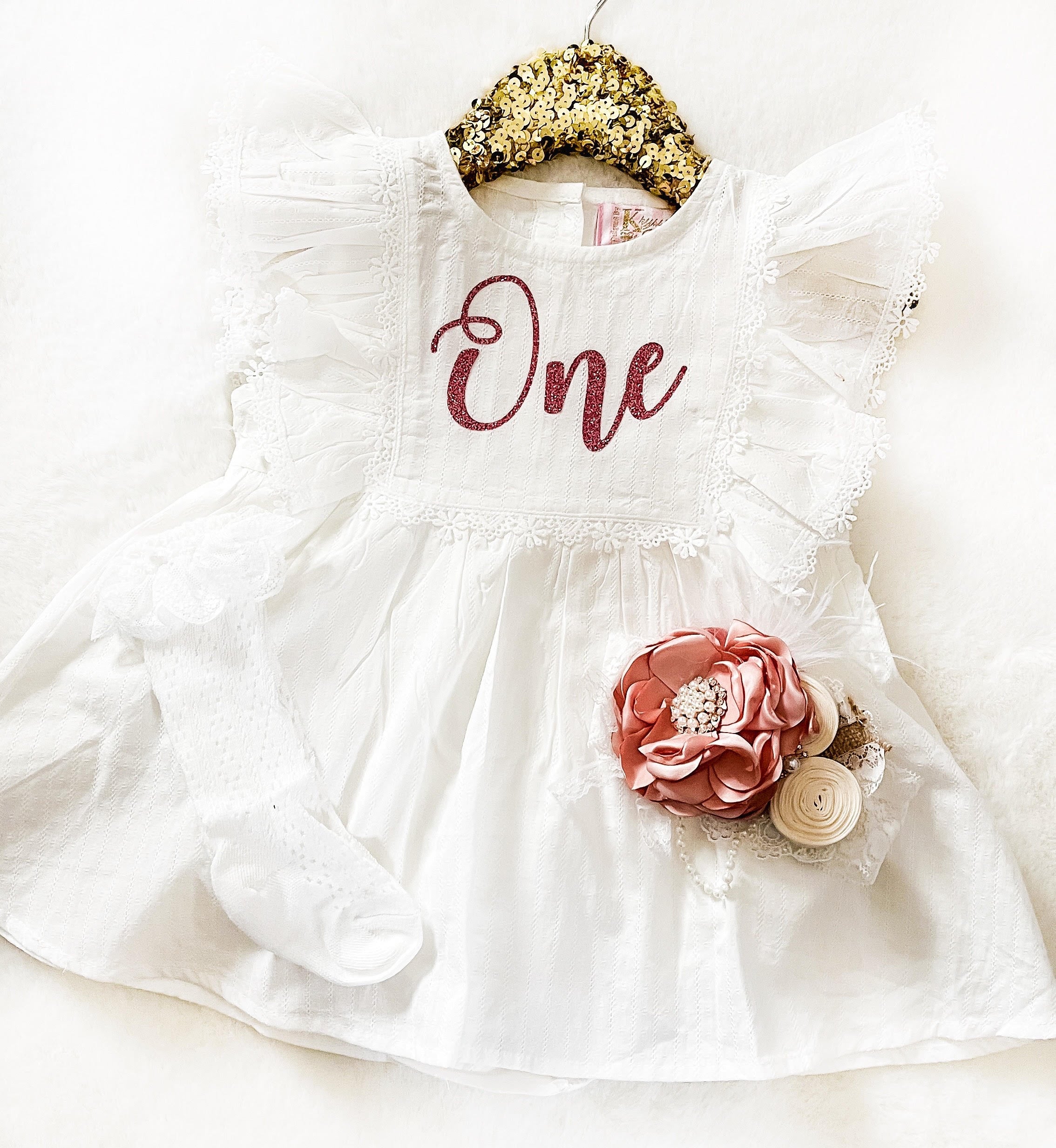 $17.50 EA - 6-12M X 2, 12-24M X 2 -- C - White 1st Birthday Skirted Romper with Rose Gold 1 Decal