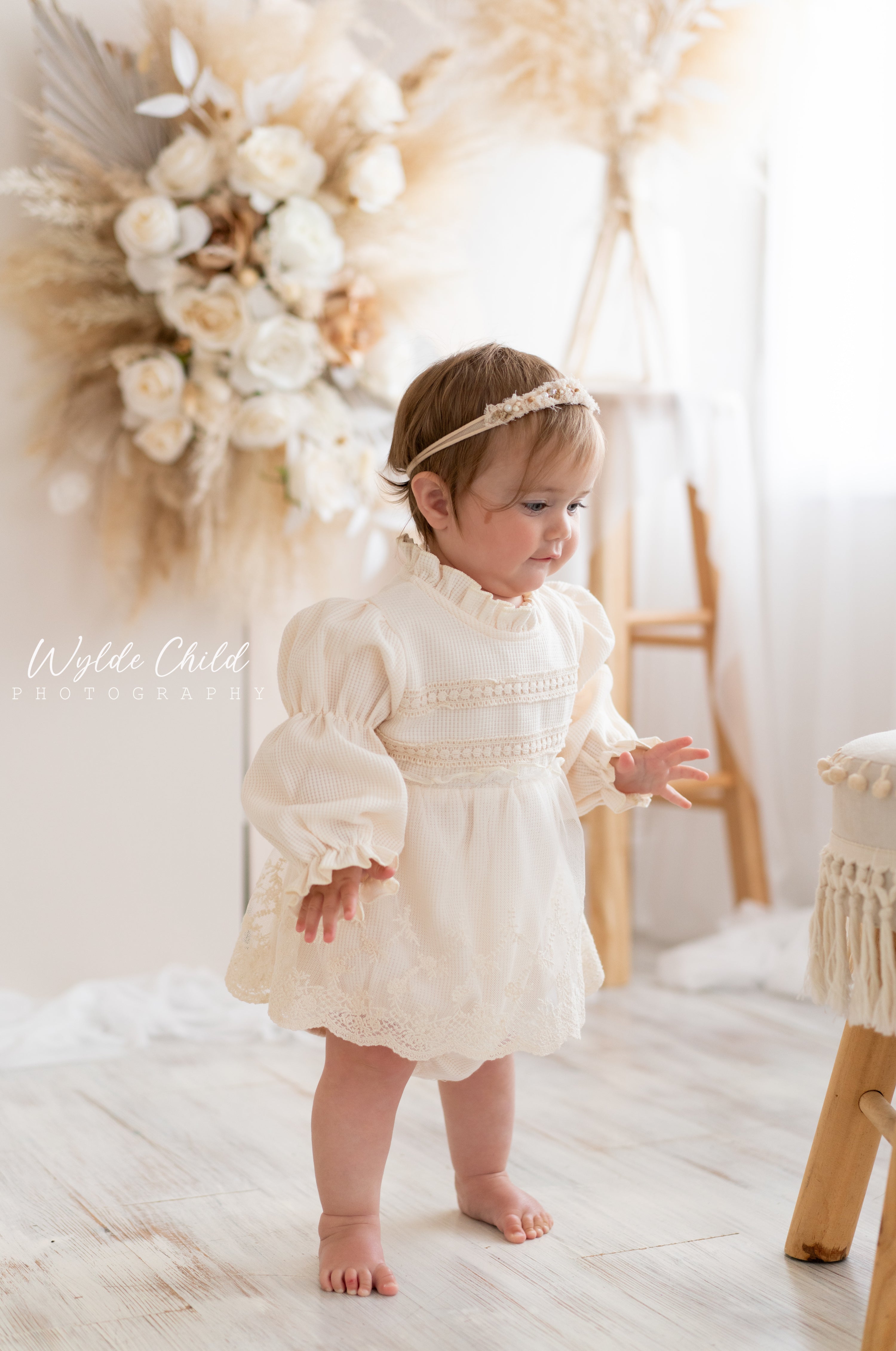 $17.50 EA - 3-6M X 2, 6-12M X 2, 12-24M x 2  - Baby Girls Ivory High Neck with Lace Skirted Romper