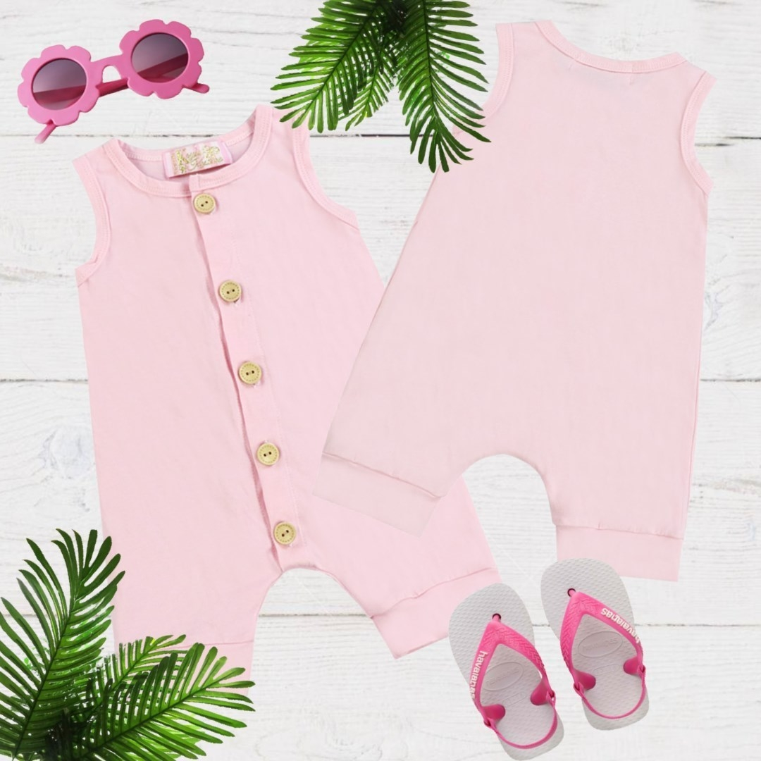 $5.00 EA - 0-3M X 2, 3-6M X 2, 12-24M X1 - Baby Pink Button Romper