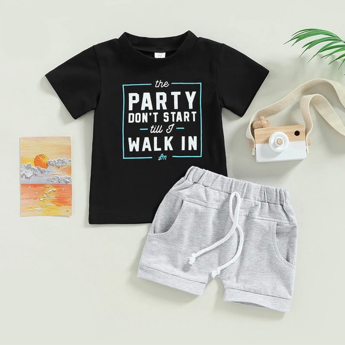 Boys 2 Piece Shorts Sets - Party Dont Start Till I Walk In on a black tee - grey shorts