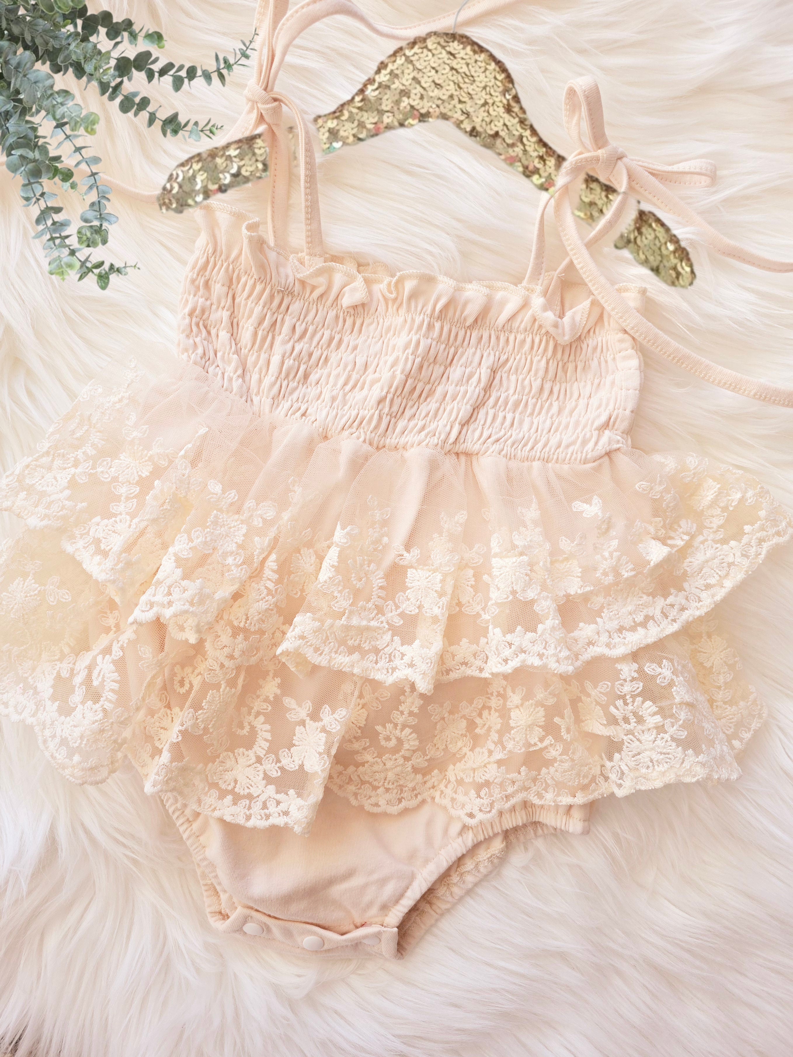 Baby Girl Birthday Peach Accordion Dual-Skirted Lace Romper