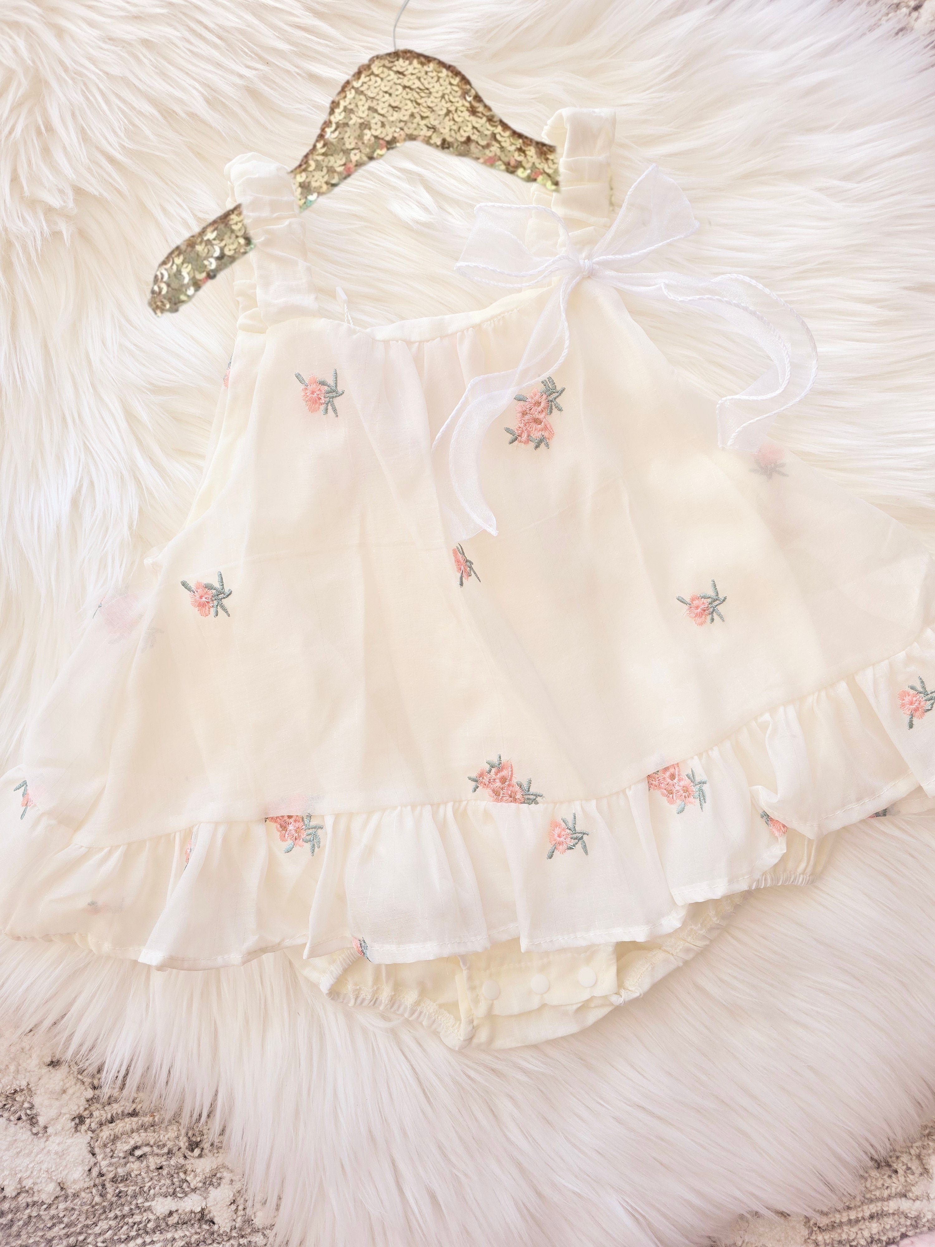 Baby Girls Birthday Ivory Dress with Peach Embroidered Flowers