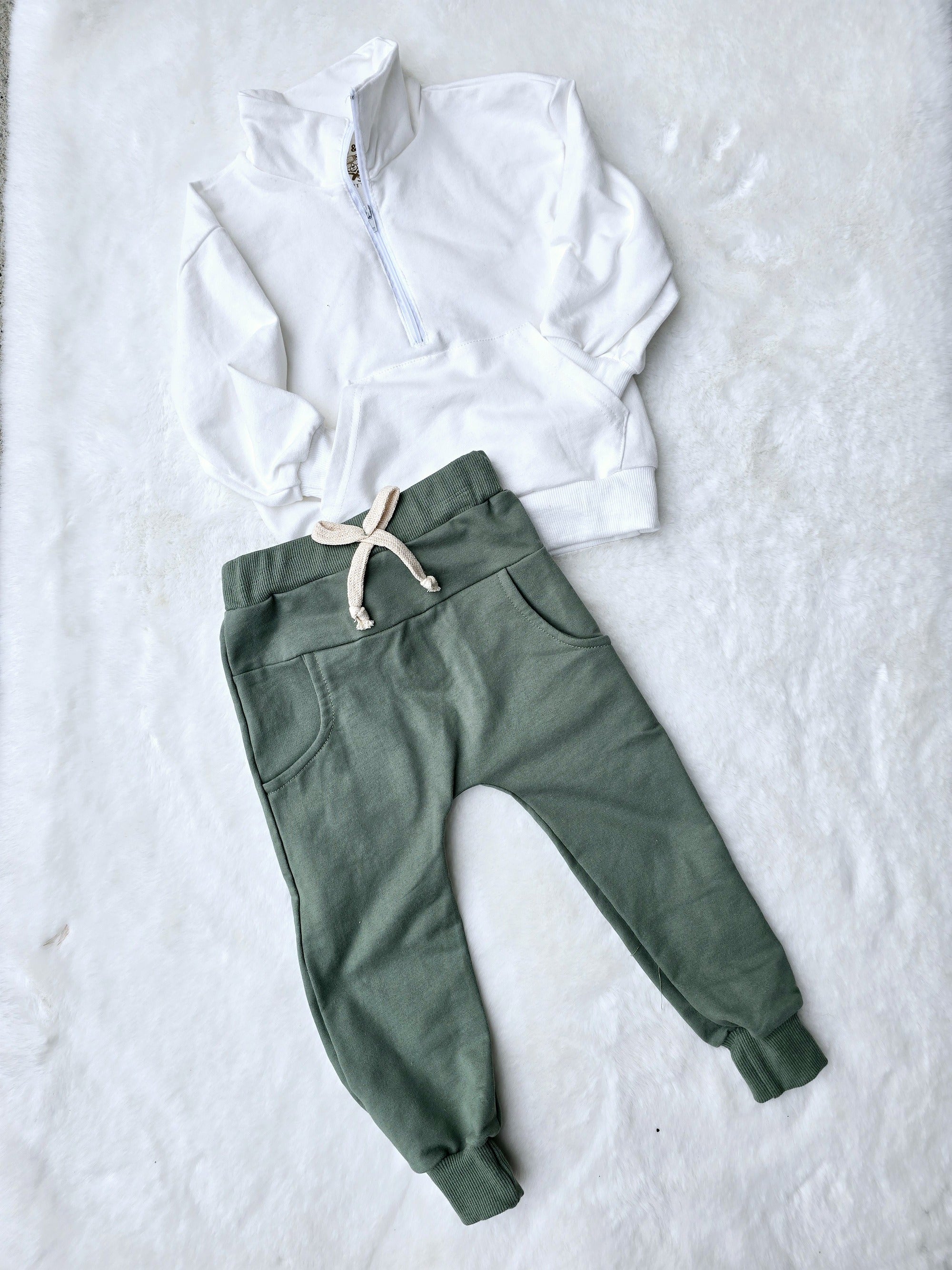 Boys 2 PC Set - French Terry 1/2 Zip White Sweatshirt + Green Pants