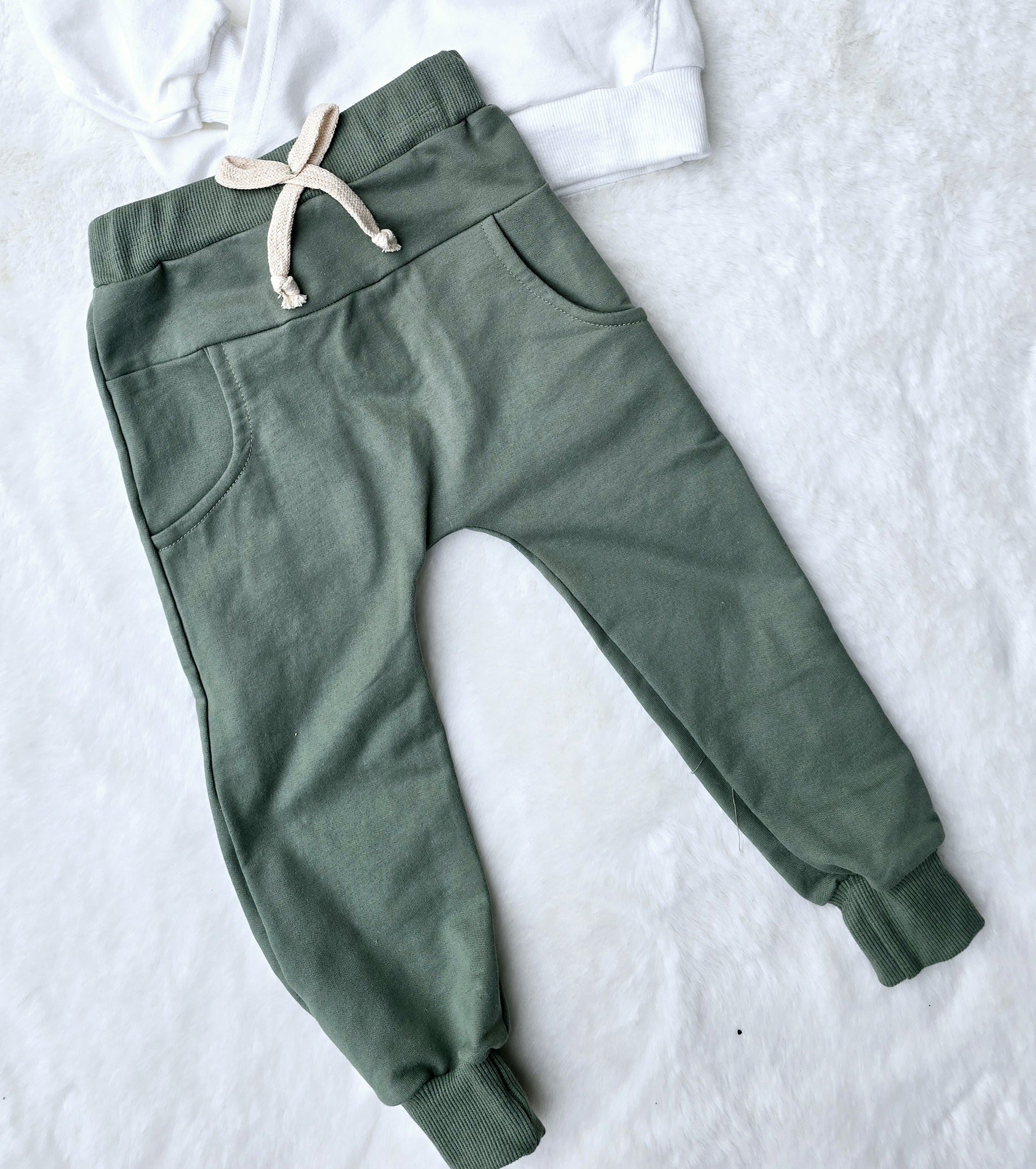 Boys 2 PC Set - French Terry 1/2 Zip White Sweatshirt + Green Pants