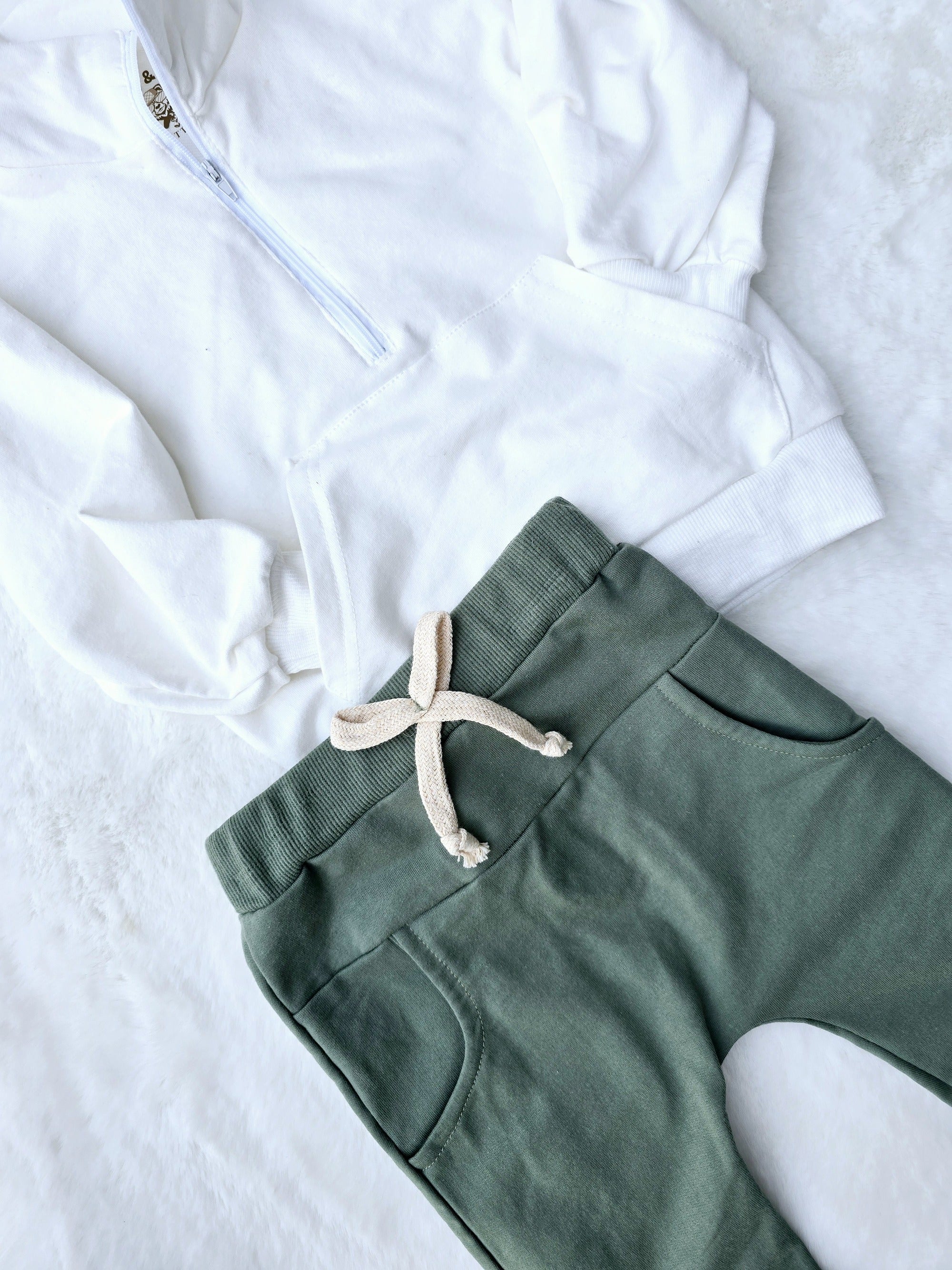 Boys 2 PC Set - French Terry 1/2 Zip White Sweatshirt + Green Pants