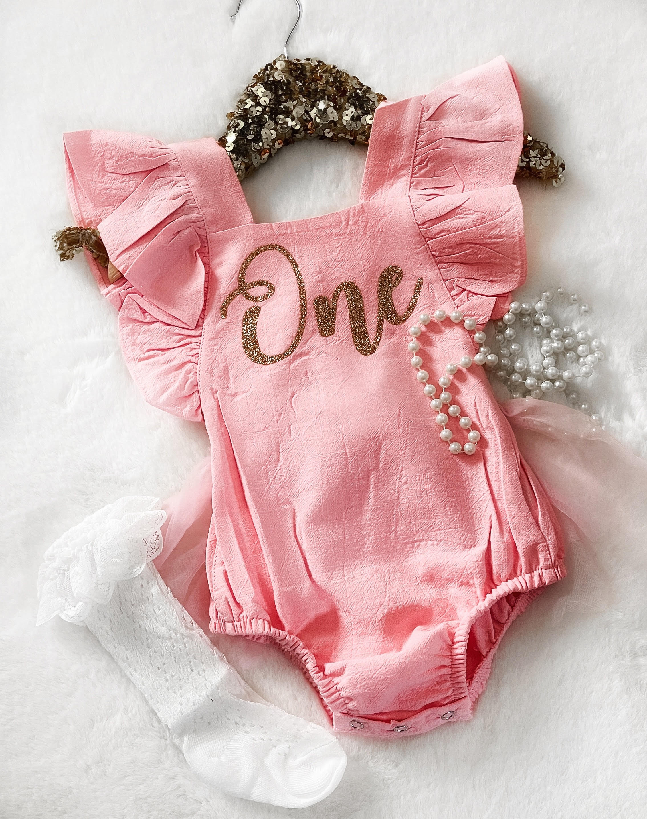 $17.50 EA - 6-12M X 2 -- Pink 1st Birthday Ruffled Sleeved Tutu Bum Skirted Romper