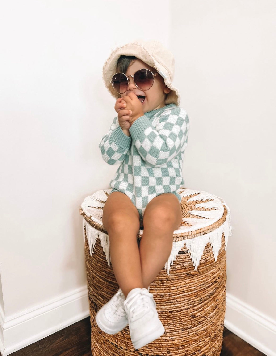 Infant Toddler Seafoam Knitted Check Sweater Romper