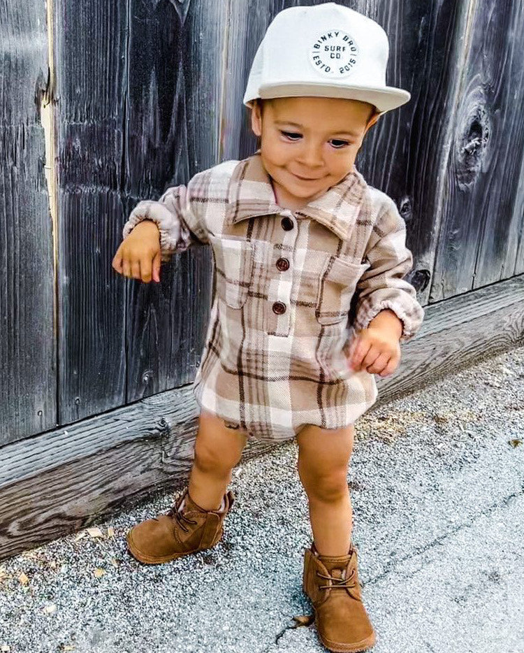 Kids Dark Tan Plaid Romper